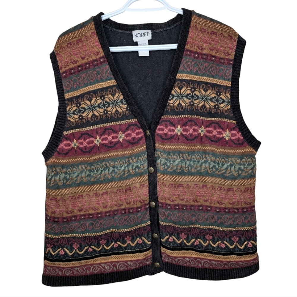 Vintage Koret Knit Striped Multicolour Multi Fabric Button Up Vest Women Large